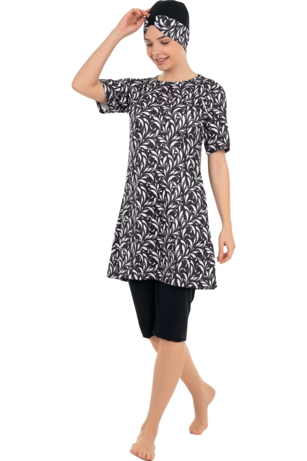 

Muslim Burkinis Patterned Tights Short Sleeve Swimwear Modest Summer Clothing Hijab Sport Swimsuit Islamic Full Cover