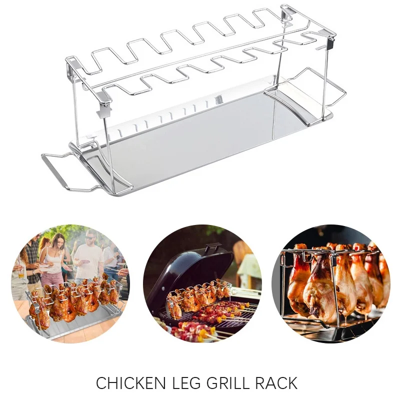 

Kitchen Tools BBQ Beef Chicken Leg Wing Grill Rack Barbecue Drumsticks Holder Smoker Oven Roaster Stand with Drip Pan BBQ Tools