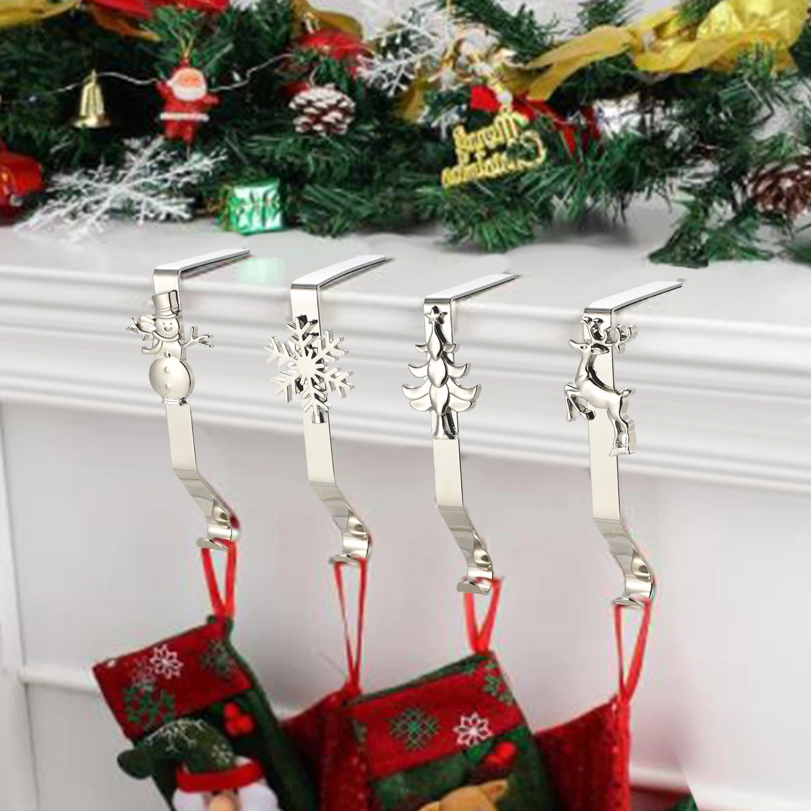

Metal Christmas Hook For Fireplace Stocking Hanger Snowflake Snowman Christmas Tree Elk Shaped Xmas Sock Hooks Christmas Decor