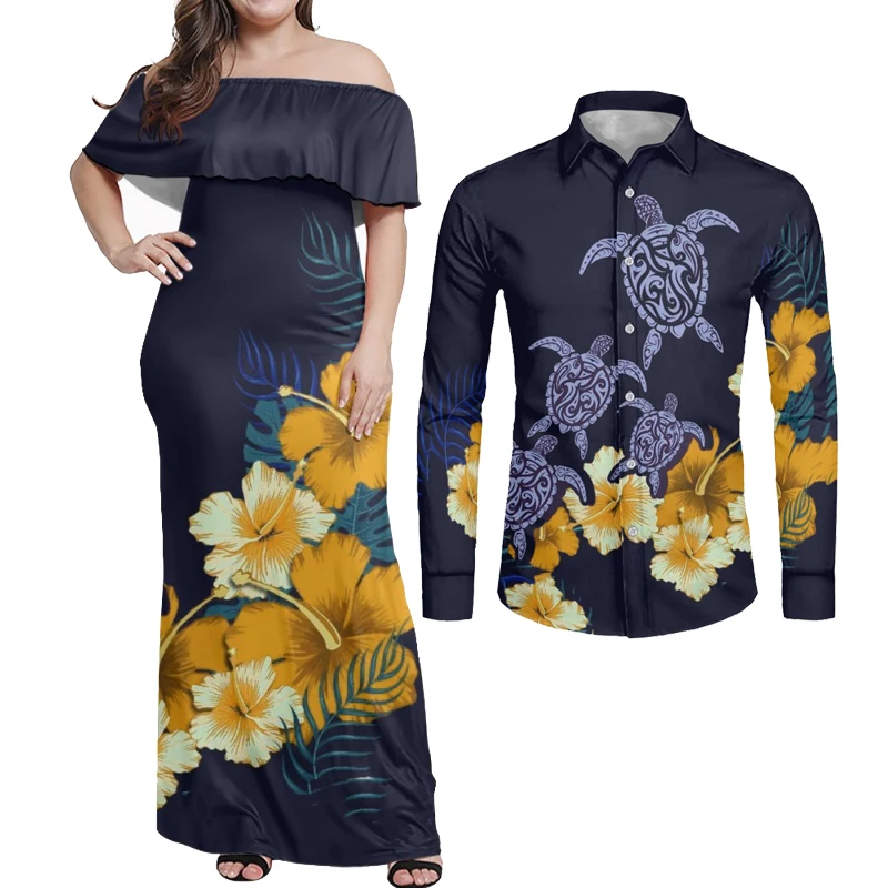 

HYCOOL Tonga Tribal Dress And Shirt For Couples Sea Turtle Yellow Hibiscus Print Womens Off Shoulder Bodycon Polynesian Dress