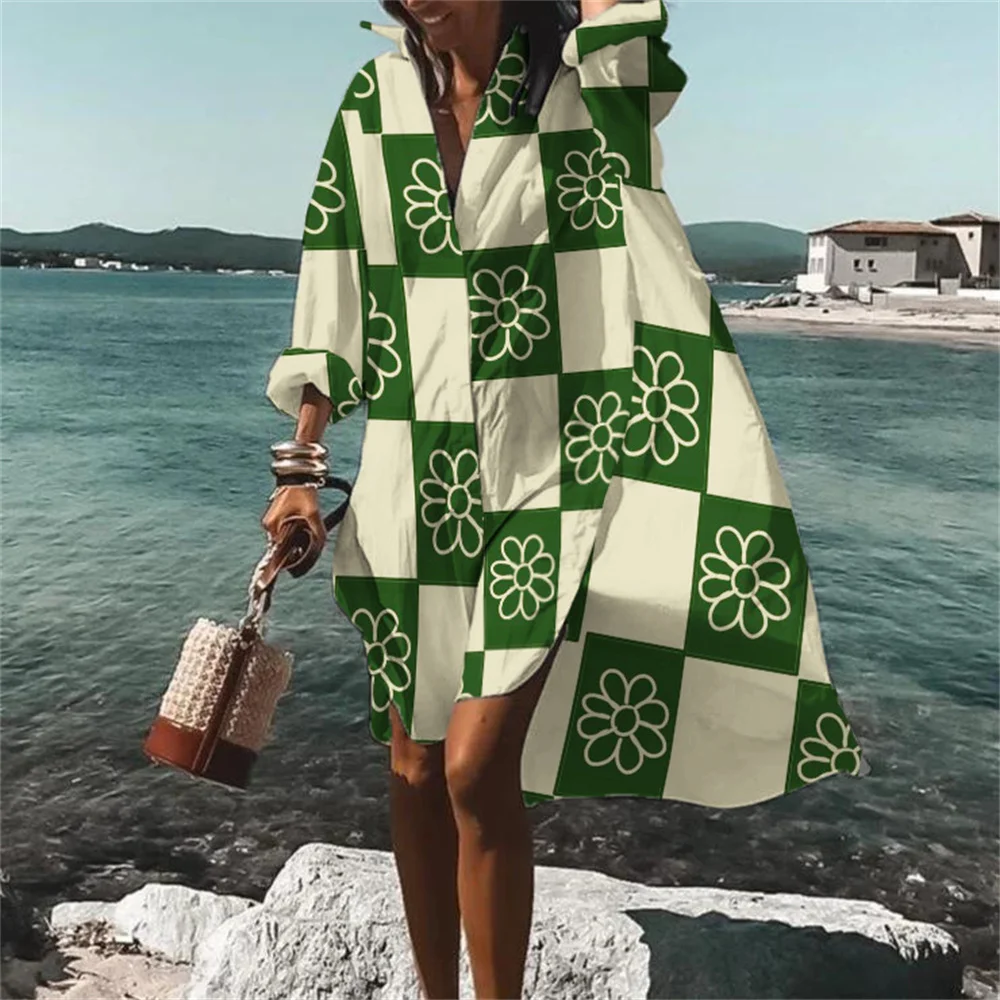 

Clover Print Women's summer sexy printed beach resort coat Women's 2023 casual fashion shirt collar swimsuit pullover