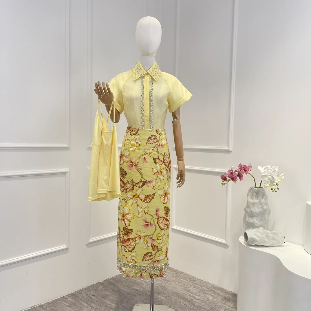 

Top Quality Natural Linen Silk 2023 Spring Summer Holiday Style Solid Yellow Pink Crystal Straight Blouse Skirt Sets