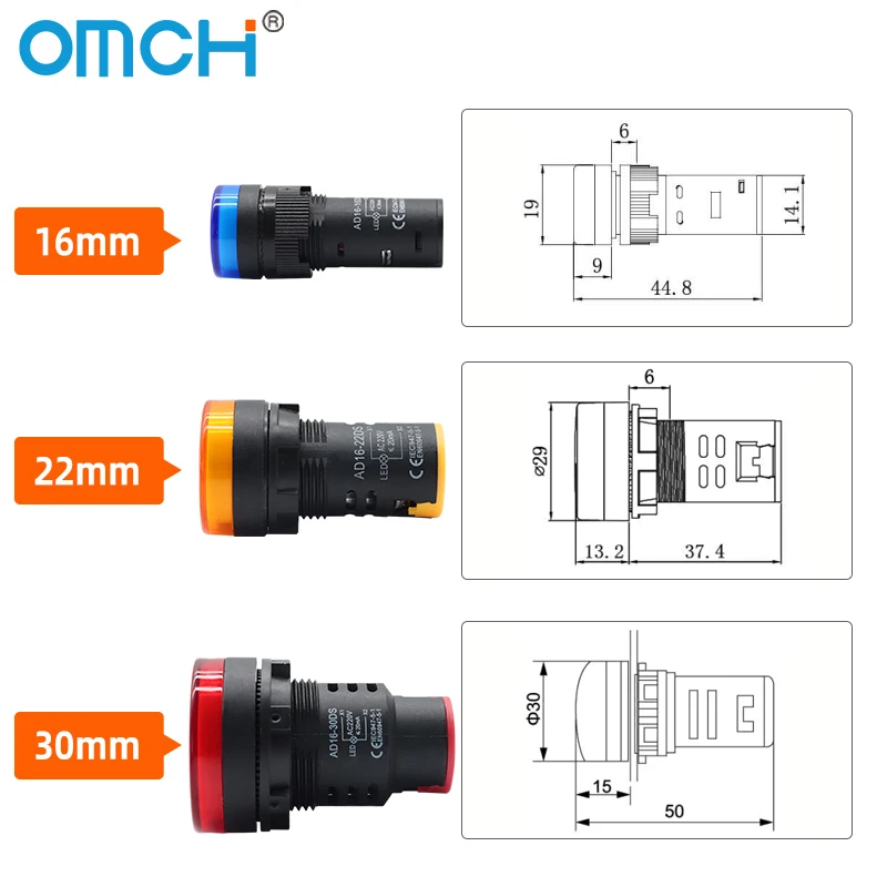 Фото OMCH AD16 Серия 16 мм/22 мм/30 мм Сигнальный светодиодный индикатор для монтажа на панели Красный Зеленый Желтый Синий Белый Свет 12 В 24 В 110 В 220 В 380 В №4