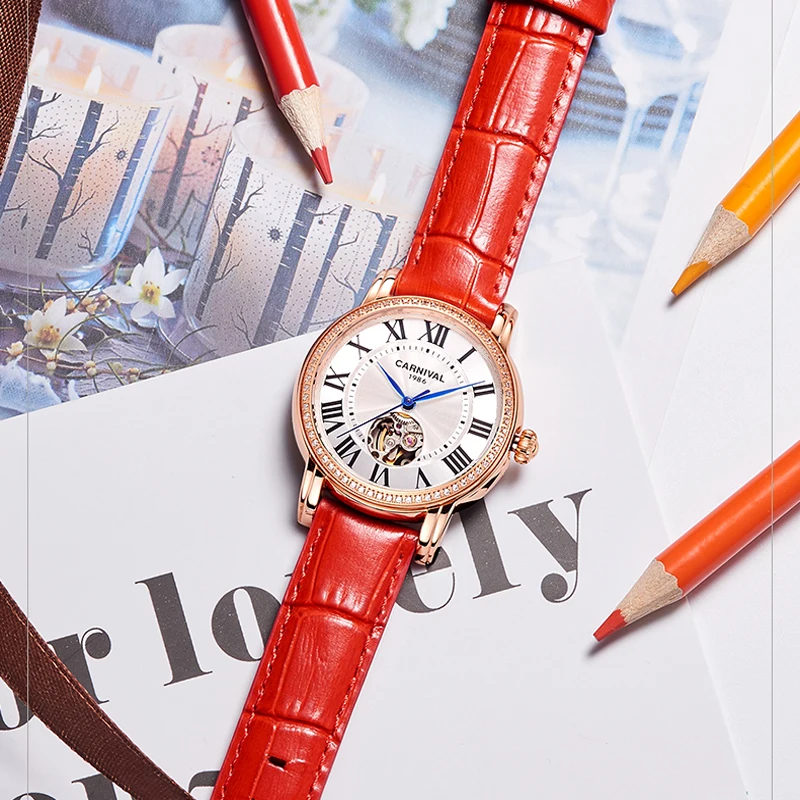 CARNIVAL Brand Ladies Fashion Mechanical Watch Luxury Leather Strap Automatic Wristwatches Waterproof for Women Relogio Feminino enlarge