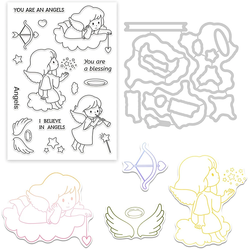 

Angels Cutting Dies and Silicone Clear Stamps Set with Stars and Wings for Card Making DIY Scrapbook Album Invitation Cards