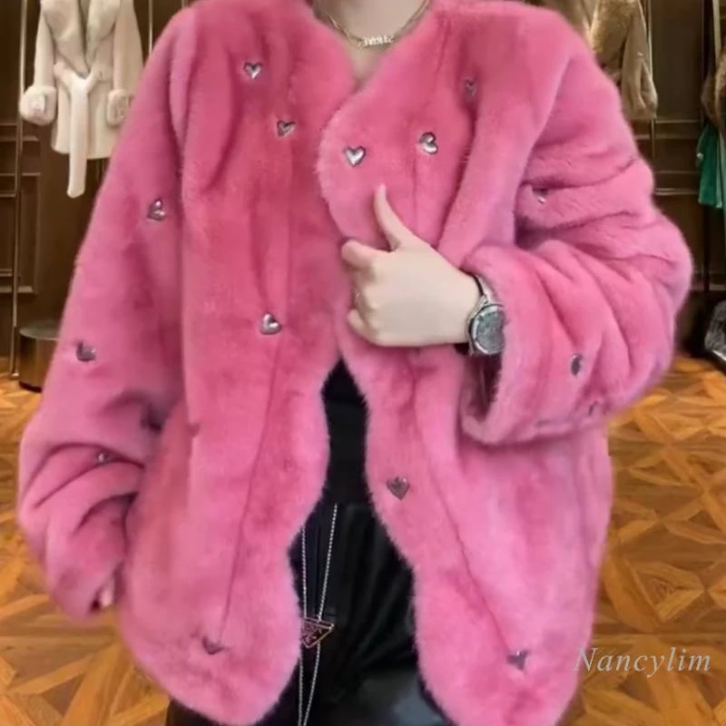 European Style Fur Coat Women Winter Long Sleeve Double Face Wool Warm Heavy Embroidery Sequins Faux Fur Jacket