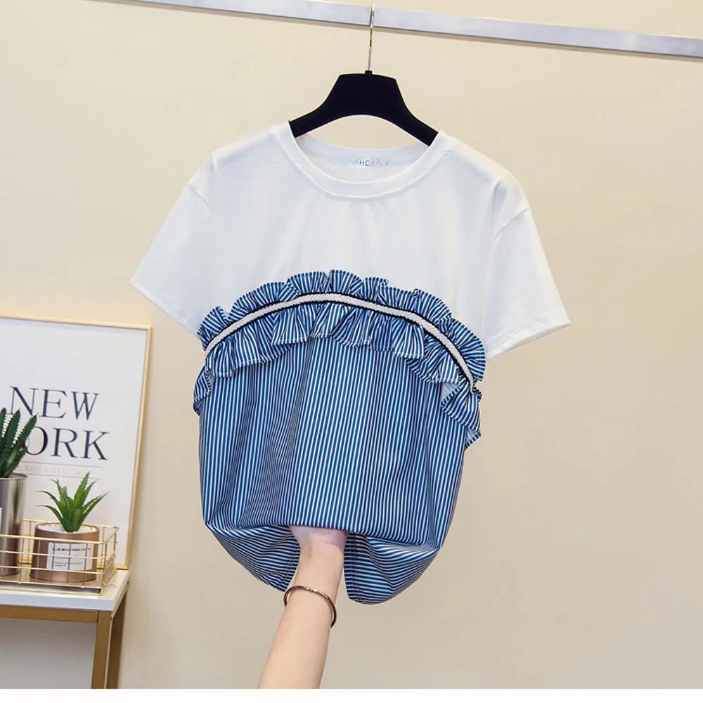 

Leisure T-Shirt Short Sleeve Patchwork Fake Two Loose Fit Round Neck Loose Pullover Korea Style Ladies Summer Casual T-shirt