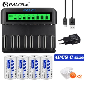 PALO 1.2V C Size rechargeable battery 4000mAh NIMH C battery R14 C Cell batteries + LCD Charger For 1.2V AA AAA C D