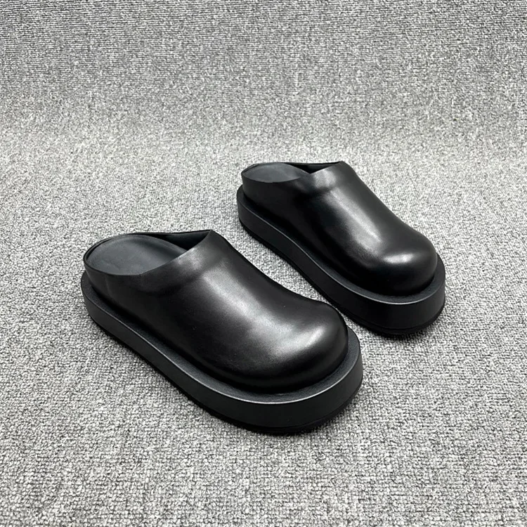 Closed Toe Half Slippers Women's Outer Wear Summer New Genuine Leather Sandals Thick Bottom Big Head Ugly and Cute Lazy Shoes