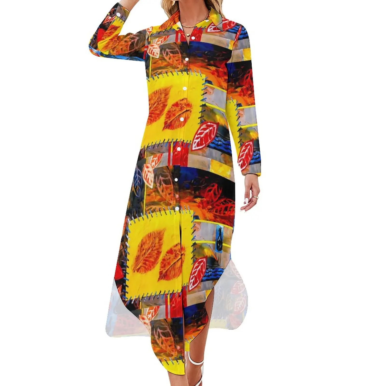 

Patchwork Print Casual Dress Red Leaves Street Style Dresses Long Sleeve Beach Female V Neck Design Oversized Chiffon Dress