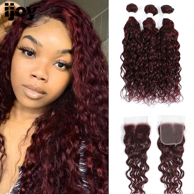 99J RedWine Bundles With Closure Water Wave Human Hair Bundles With 4x4 Closure Brazilian Remy Human Hair Extensions IJOY