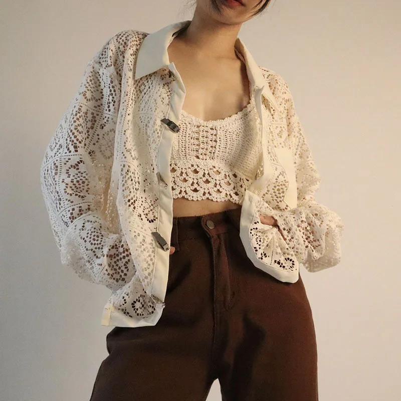 

Combhasaki Women Y2K Fairy Hollow Out Button Up Cardigan Casual Solid Color Vintage Cutout Long Sleeve T-Shirts Streetwear Tops