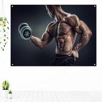 muscular man holding dumbbells exercise motivational poster tapestry gym wall hanging bodybuilding yoga workout banner flag