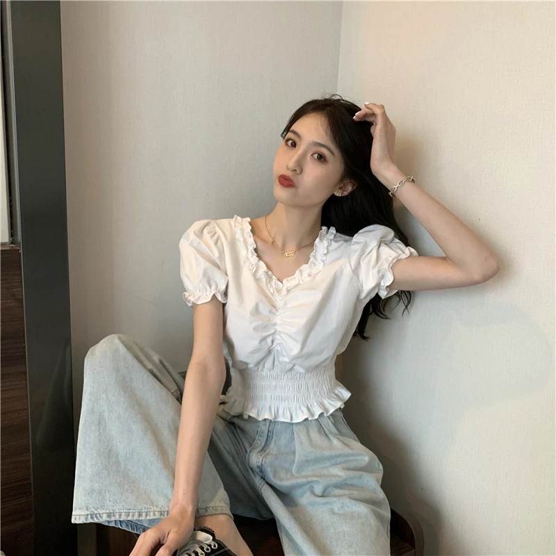 

2022 New Women's T-shirt Summer Female Top Puff Sleeves Ruffles Cotton Solid Short Sleeve Tees Fashion Style Clothes