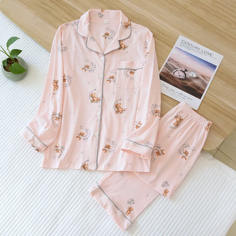 Women Cartoon Bear Pink Color Cotton Pajamas Set 2 Pieces Pajamas Sleepwear Set Long Sleeves Soft Comfort Pyjamas PJ Set