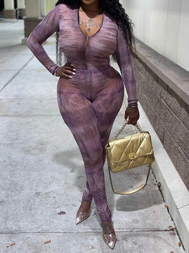 

OMSJ Purple Printing Sexy Mesh Sheer Two Pieces Sets For Women Club Street Clothes 2022 Zip-up Long Sleeve Tops+High Waist Pants