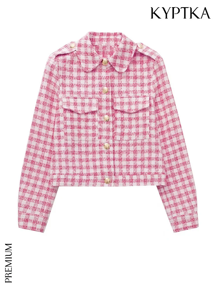 

KYPTKA Women Fashion Patch Pockets Tweed Gingham Blazer Coat Vintage Long Sleeve With Golden Buttons Female Outerwear Chic Top
