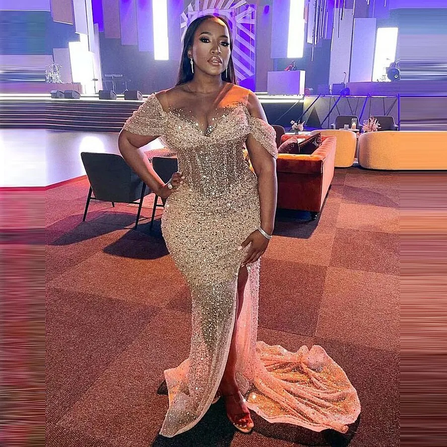 

Sparkly Prom Dresses With Sheer Neck Side Split Off The Shoulder Side Split Evening Dress Aso Ebi Wmen Birthday Party Gowns