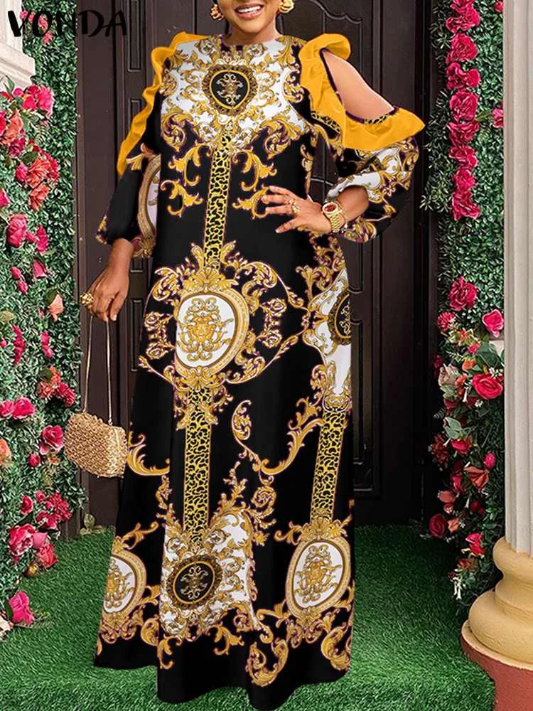 

Bohemian Women Dress Maxi Sundress 2023 VONDA Summer Sexy Cold Shoulder Long Sleeve Printed Casual Vintage Hollow Holiday Robe
