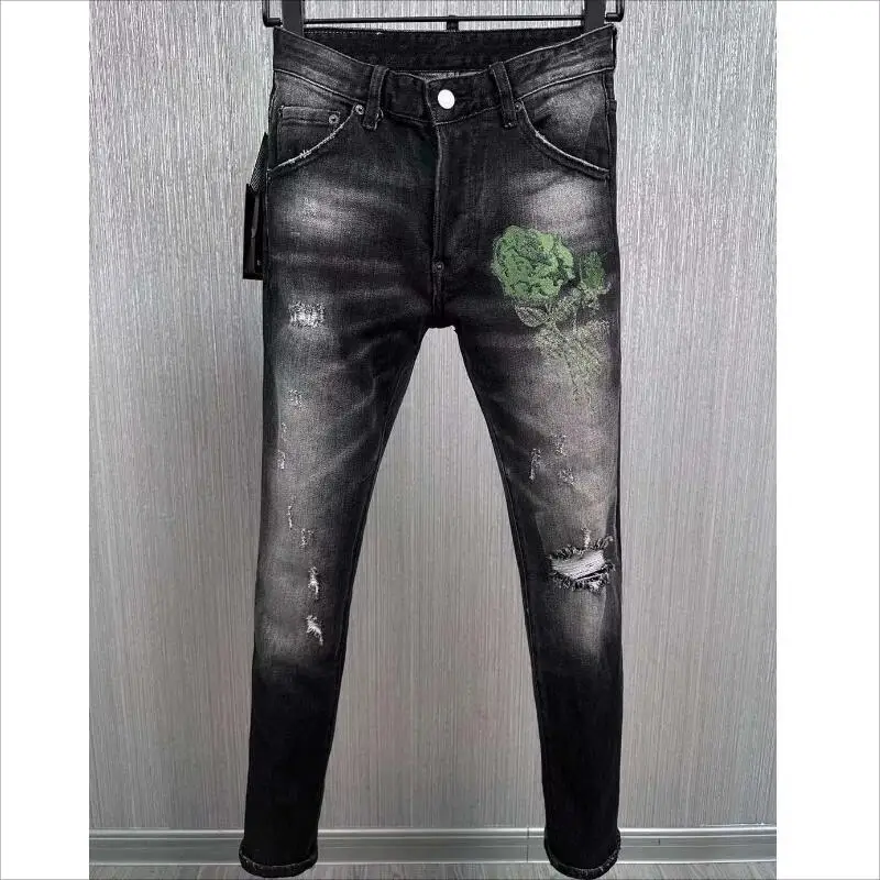 

Men's Fashion Hole Letter Jeans Casual Trendy High Street Denim Fabric Pants 9879#