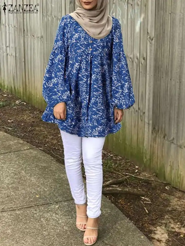 

ZANZEA Women Floral Shirt Spring Printed Blouse Vintage O Neck Long Latern Sleeve Tops Casual Muslim Button Blusas Chemise Tunic