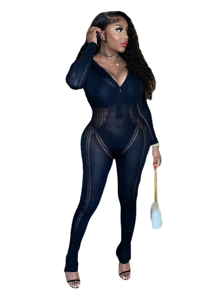 

LEOSD Knitted Rompers Women Jumpsuit Stretch Hollow Out Zipper Sexy Summer Jumpsuits Club Outfits Women One Piece Overalls