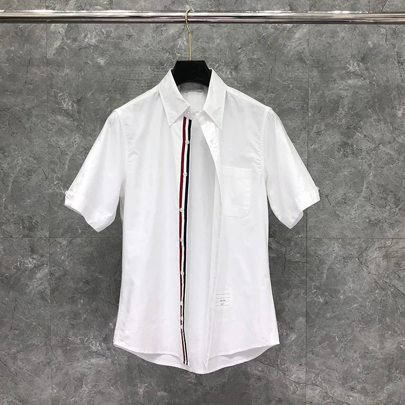 

TB THOM Shirt Summer Fashion Brand Short Sleeve Men's Shirt White Pure Color Slim Cotton Oxford Shirt Custom Wholesale TB Shirt