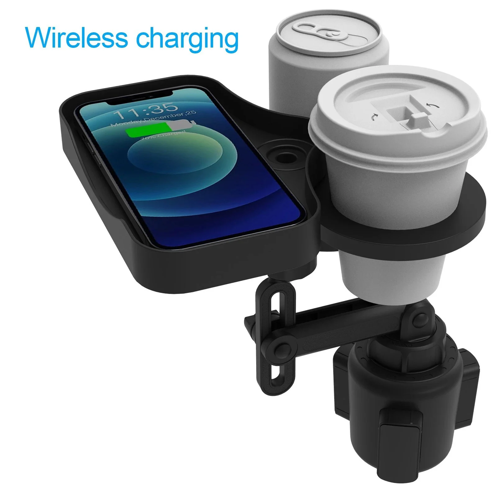 

3 In 1 Creative Adjustable Car Cup Holder Expander Universal Auto Drink Bottle Stand with Wireless Charging Tray