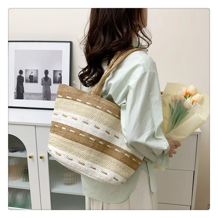 

Summer Straw Weave Beach Tote Bag Contrast Color Women Shoulder Bag Line Design Larger Capacity Ladies Handbag Shopping Bag