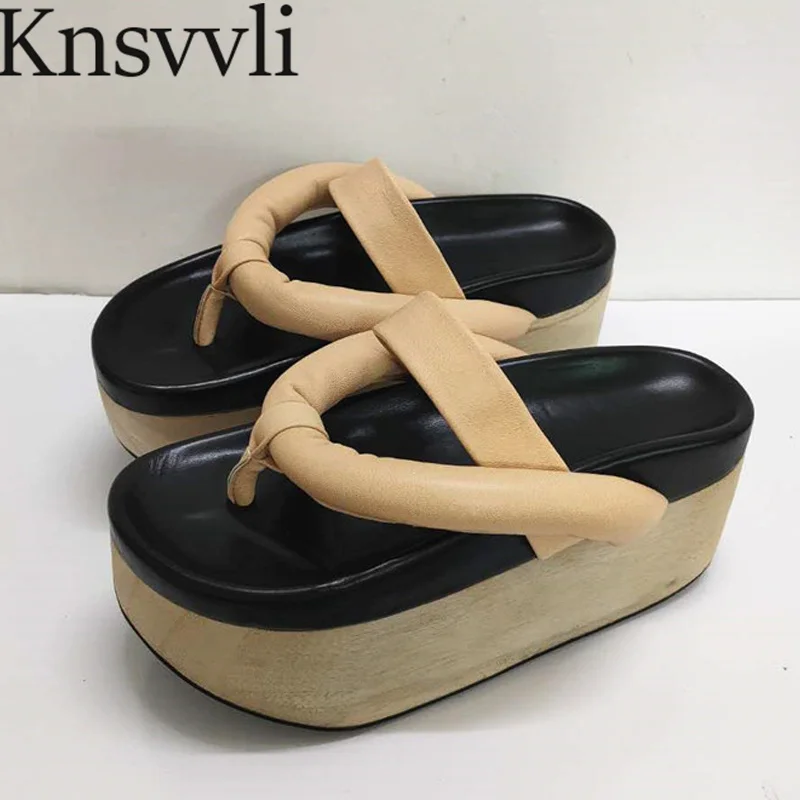 

Round Toe Flip Flops Women Wood Sole Leisure Platform Slides Ladies Holiday Beach Shoes Summer Open Toe Wedges Slippers Women