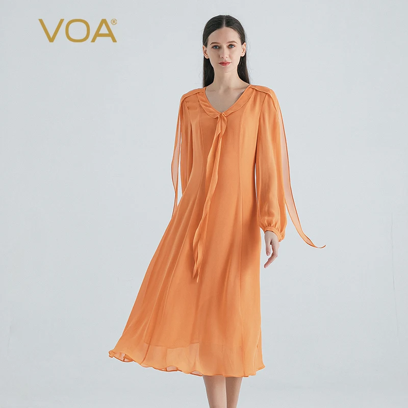 

(Fans Exclusive Discount) VOA Silk Double Layer Georgette V-neck Lantern Long Sleeve Slim Gentle Wind Elegant Dress AE1800