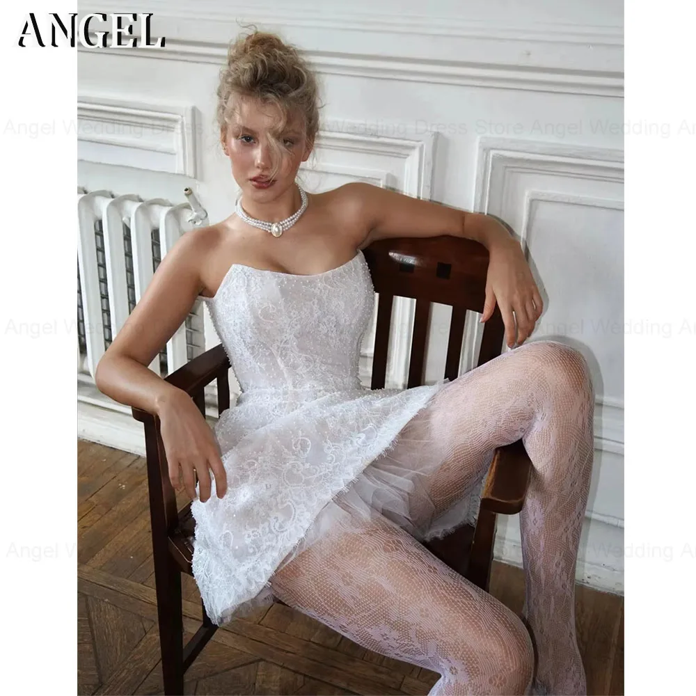 Фото Свадебное платье ANGEL 2026: индивидуальный пошив, колонный силуэт, блестки, кружево, мини, без бретелек, на молнии сзади, без рукавов. Abito da sposa. №4