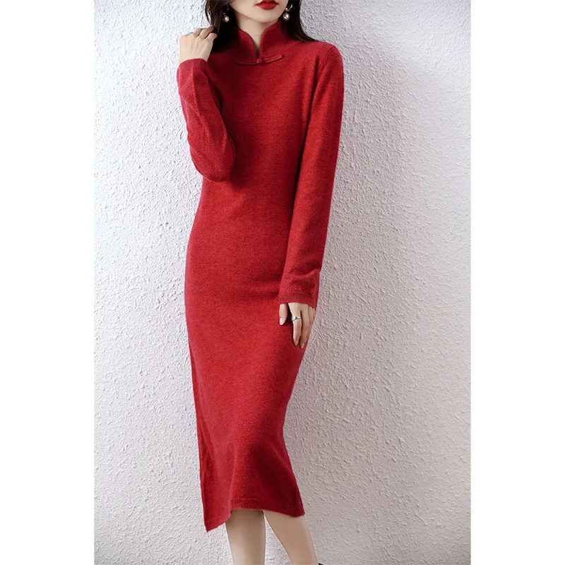 Official Store Women's Dress Mid Length Winter New Chinese Style Fashion Loose Sweater Elegant Evening Dress Free Shipping