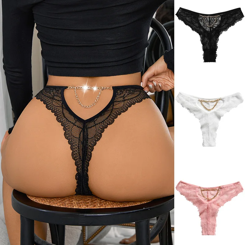 

3Pcs Sexy Metal Chain Lace Plus-size Women's Panties Thong Lightweight Breathable Cotton Crotch Women's Briefs Women's Underwear