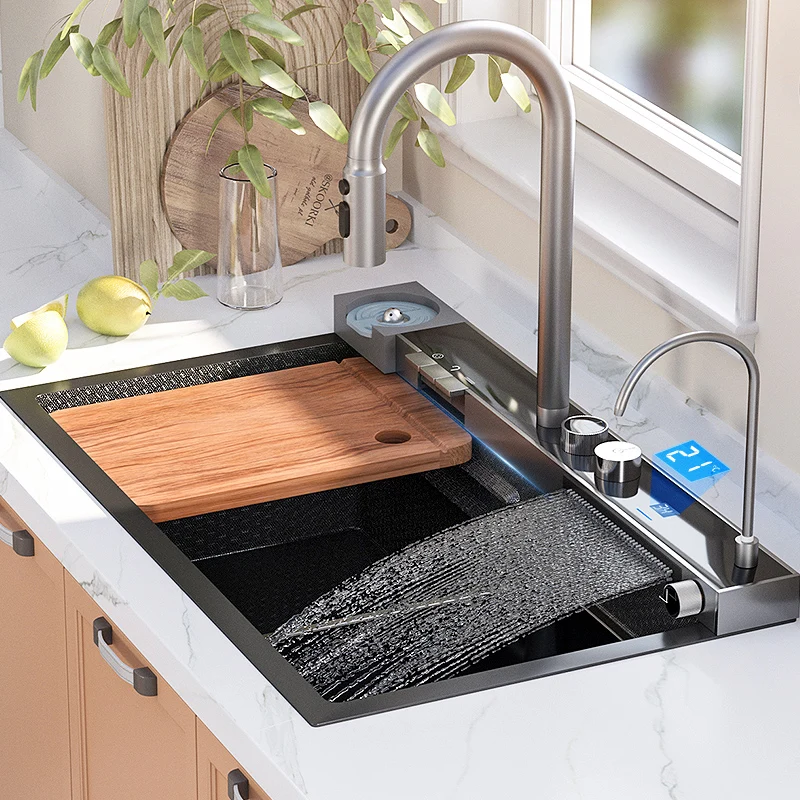 

Waterfall Kitchen Sink Nano 304 Stainless Steel Modern Multifuctional Sink Undercounter Large Single Slot For Kitchen Renovation