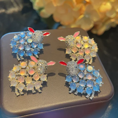 

Women S925 silver needle delicate opal cute little sheep ear female nail cute pink blue animal earrings