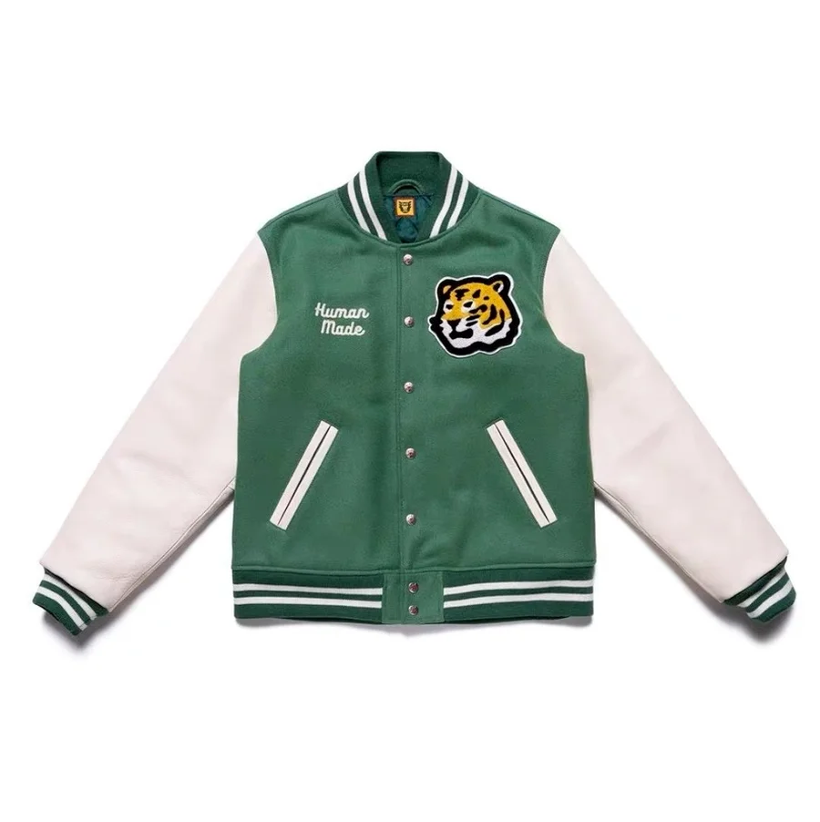 

Girls Don’t Cry Human Made Varsity Baseball Jacket Men Women 1:1 Top Version Green Patchwork Tiger Leather Sleeve Coat