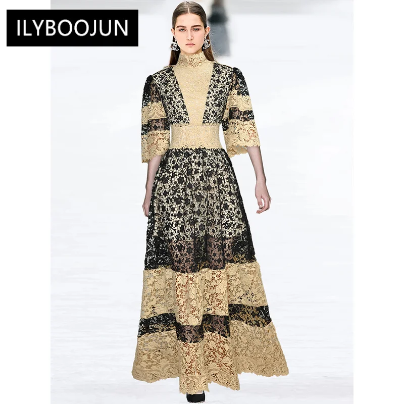 

Elegant Dresses For Women 2022 Runway Autumn Maxi Stand Collar Half Sleeve Hollow Out Contrasting Colors Vintage Long Dresses