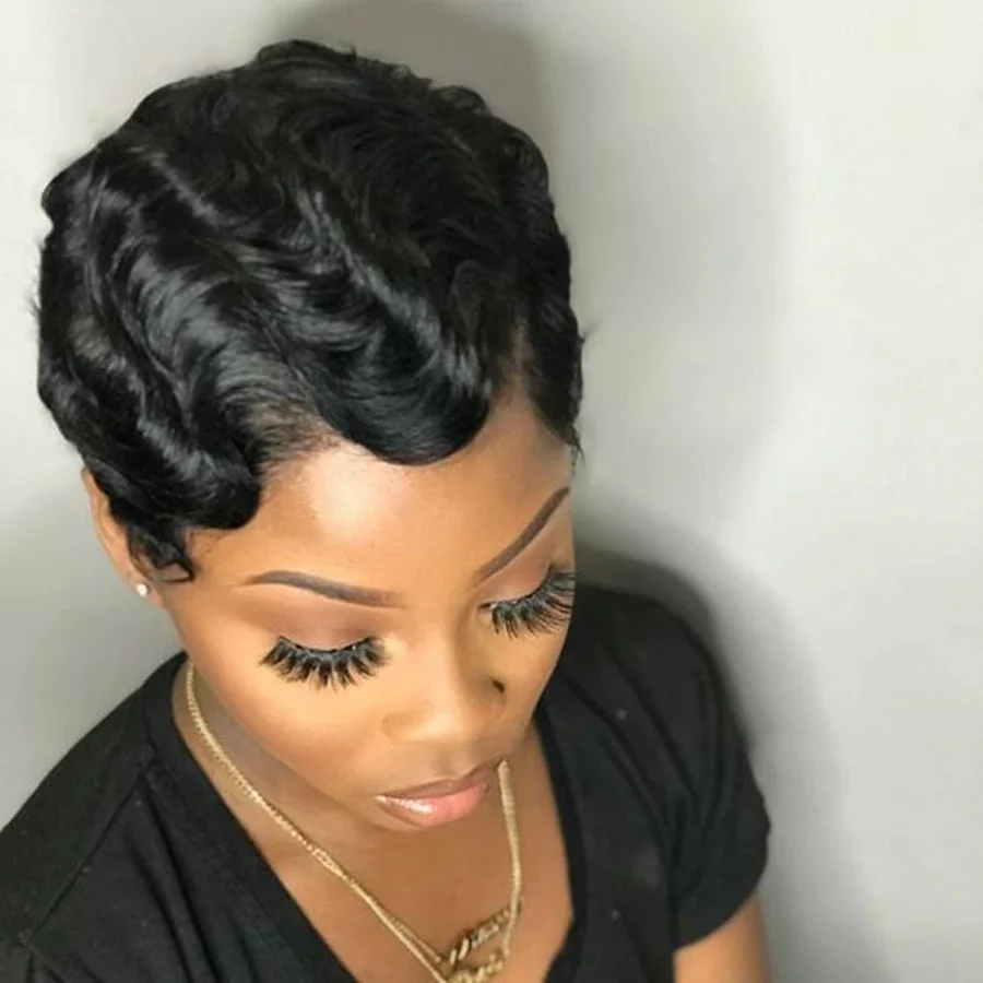 

Finger Wave Ocean Wave Human Hair Wig For Black Women Pixie Wig Brazilian Remy Human Hair Natural Color Short Hair Wigs
