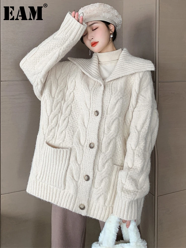 [EAM] Khaki Big Size Knitting Cardigan Sweater Loose Fit Lapel Long Sleeve Women New Fashion Tide Autumn Winter 2022 1DE5951