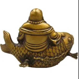 6 дюймов Тибет Медь Латунь Животное Богатство Рыба удачи Майтрейя Будда