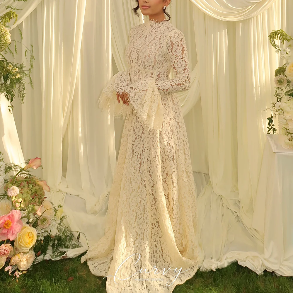 Фото Изысканное свадебное платье Vestido De Novia для женщин: с высоким воротом, кружевными рукавами-колокол, А-силуэт, на заказ №1