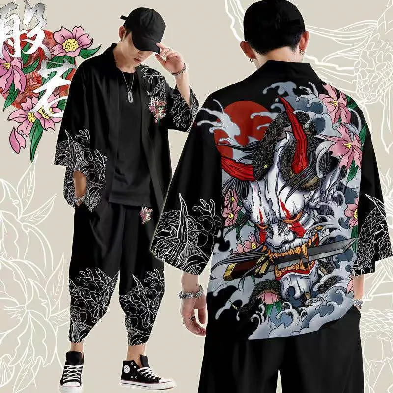 Two-piece Suit Oversize S-6XL Loose Japanese Cardigan Women Men Cosplay Yukata Clothing Harajuku Samurai Kimono + Pants Sets images - 6