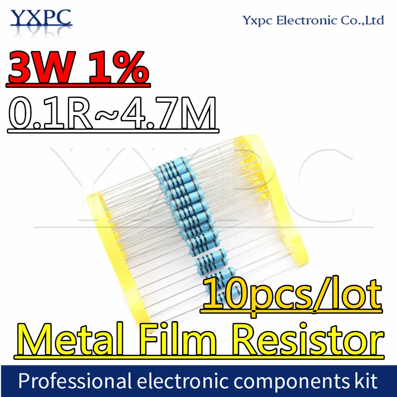 

10pcs 3W Metal film resistor 1% 0.1R ~4.7M 1R 2R 10R 22R 47R 100R 330R 1K 4.7K 10K 22K 47K 100K 330K 470K 1 10 22 47 100 330 ohm
