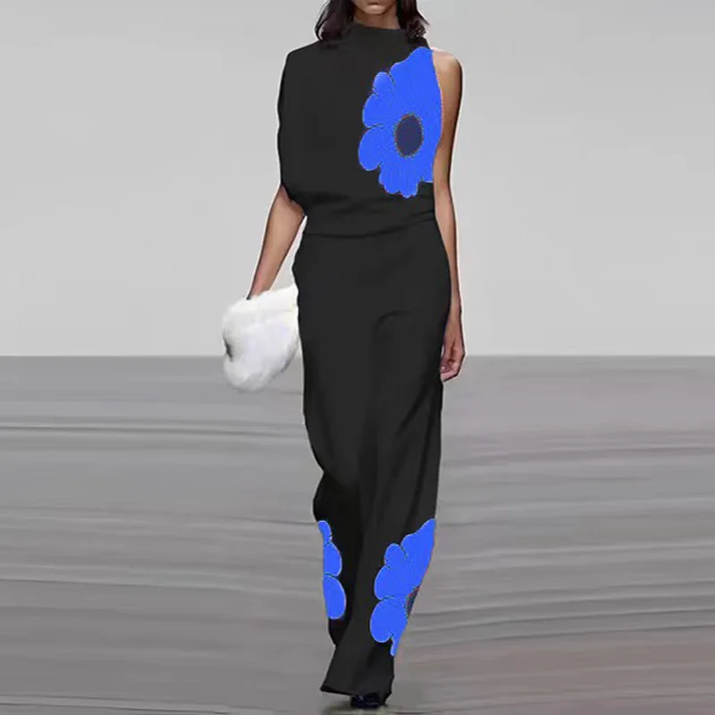 

Office Casual Sleeveless Long Jumpsuits Women Fashion Flower Print Outfits Elegant Half High Neck Blouse&Wide Leg Pants Sets
