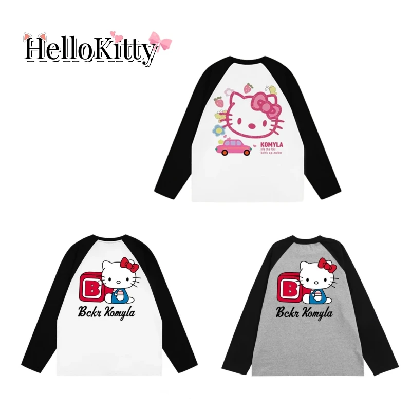 

Sanrio Hello Kitty Long Sleeve Autumn New Cute Cartoon Printing Cotton T-Shirt Student Color Contrast Lazy Shirt Female Kawaii