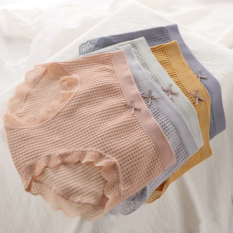 

Waffle Seamless High Elastic Comfort Package Hip Women's Panties Mid Waist Lace Briefs Sexy Ladies Underwear Cotton Panties