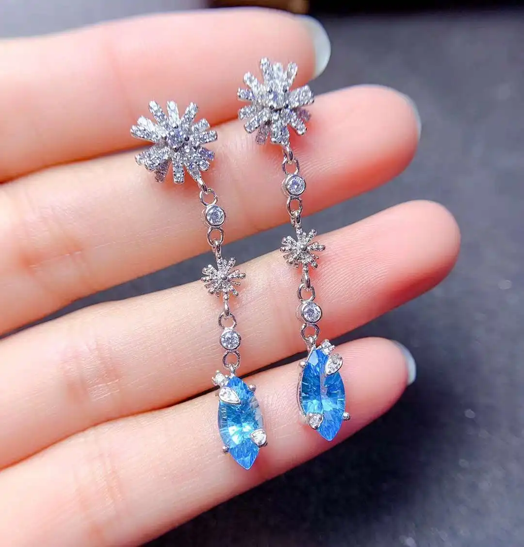 

fashion long tassels snowflake natural blue topaz drop earrings S925 silver natural gemstone earrings women party gift jewelry
