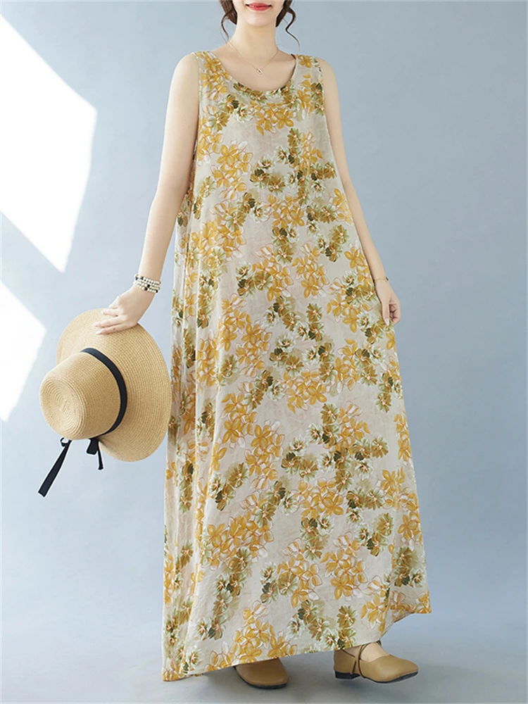 Женское Хлопковое платье с винтажным принтом повседневное Свободное длинное без