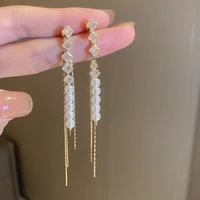 korea elegant geometric zircon dangle earrings for women bijoux long tassel pearl drop earring wedding party statement jewelry